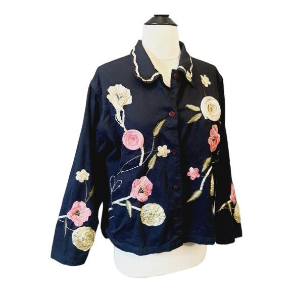 3D Embroidered Shirt Jacket Black Floral Vtg Y2K Tantrums Collection Art to Wear - Picture 11 of 13
